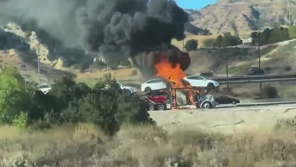 Semi-Truck Hauling Teslas Erupts in Flames on 5 Freeway in Sylmar, Shutting Down Multiple Lanes